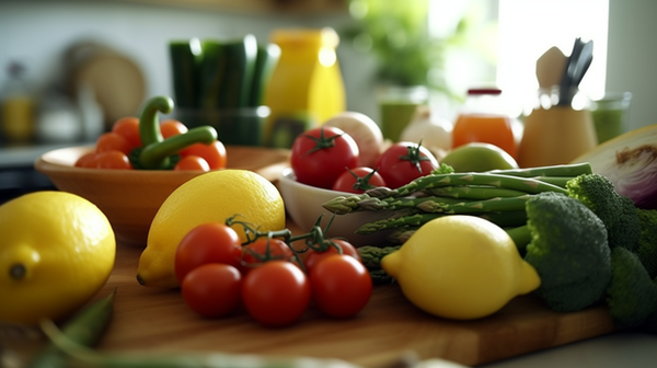 Tiszta víz, friss zöldségek és gyümölcsök egy világos asztalon elrendezve